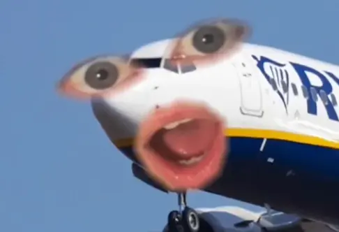 Ryanair airline plane with human eyes and a mouth.